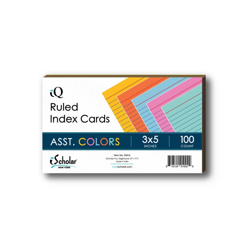 iScholar Index Cards, Ruled, Colored, 3 x 5 Inches, 100 Card Pack (03516) - Image 1